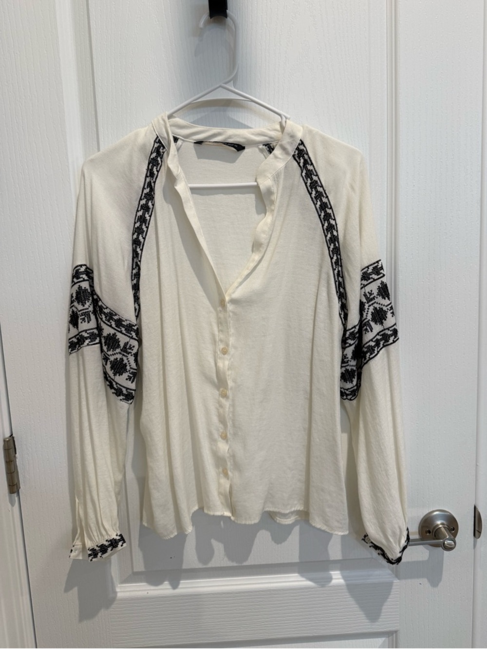 Zara Ivory Button-Front Top with Black Embroidered Trim